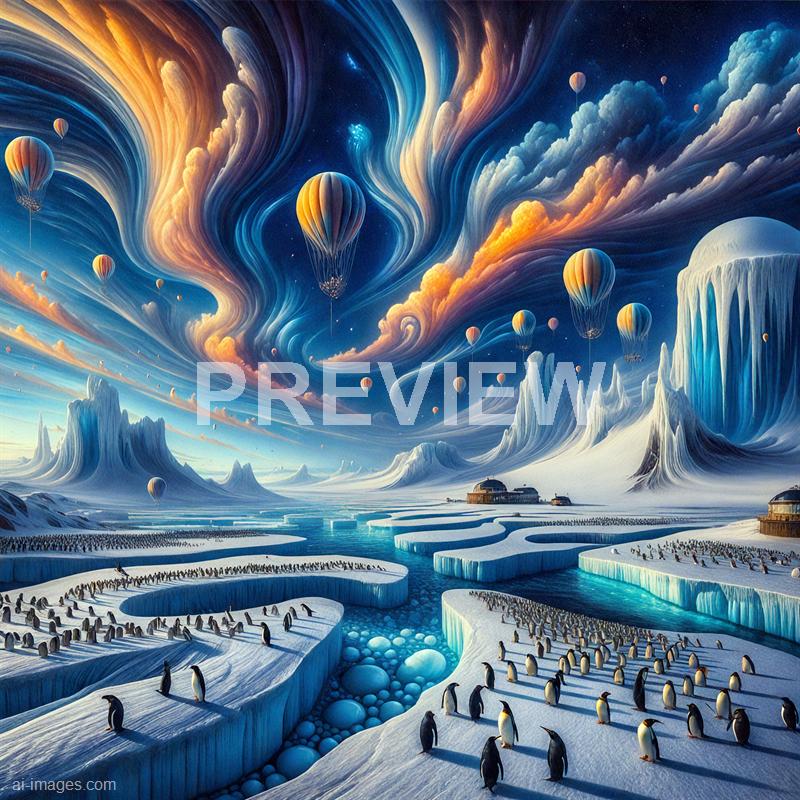 The image depicts a surreal and fantastical polar landscape filled with towering ice formations and a frozen river maze. The sky above is a vibrant swirl of orange, blue, and purple clouds, with numerous hot air balloons drifting across the sky, adding a whimsical touch. Penguins are seen walking along the icy terrain in the foreground, while distant structures and glaciers create a sense of scale and otherworldliness in this icy wonderland.
